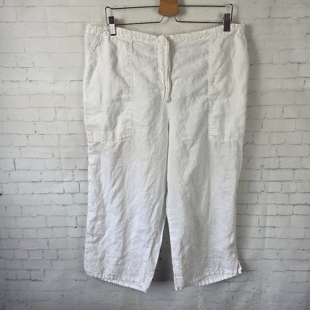 Johnny Was Item 100% Linen Capri Pants Plus Size 1X White VTG Made In USA Womens